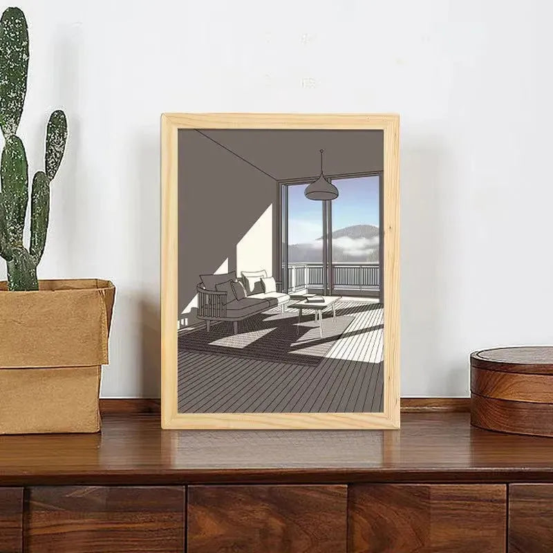 Illuminated acrylic LED decorative light painting showing a sunshine scene, with USB cable and button switch.