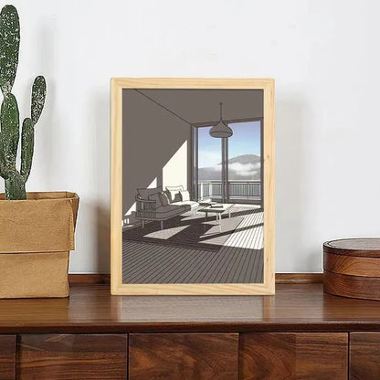 Illuminated acrylic LED decorative light painting showing a sunshine scene, with USB cable and button switch.