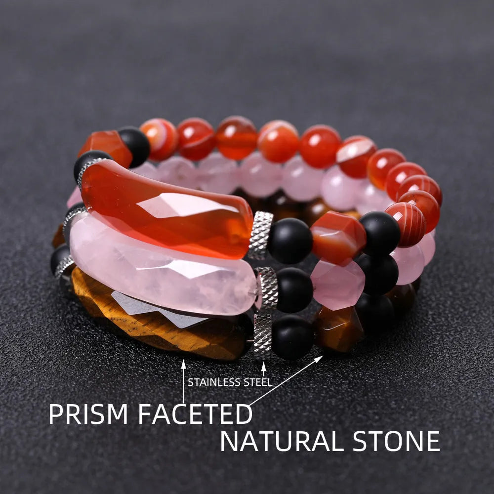 Handmade diamond-shaped cut black agate geometric bracelet showing fan-shaped bead arrangement.