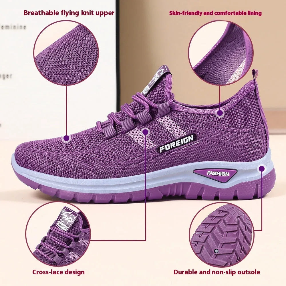 Casual breathable mesh shoes with flat PVC sole in purple, grey, red, and black colour options