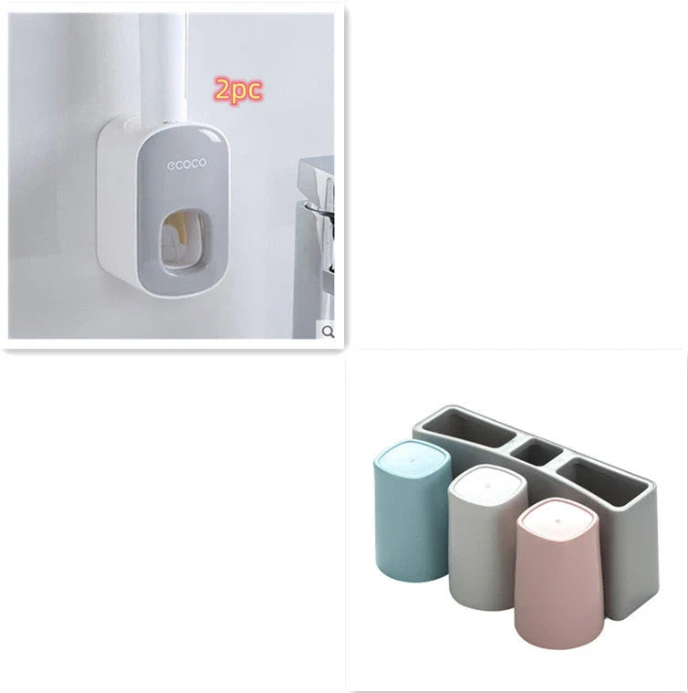 Wall-mounted automatic toothbrush holder with toothpaste dispenser and mouthwash cup for organized bathroom storage