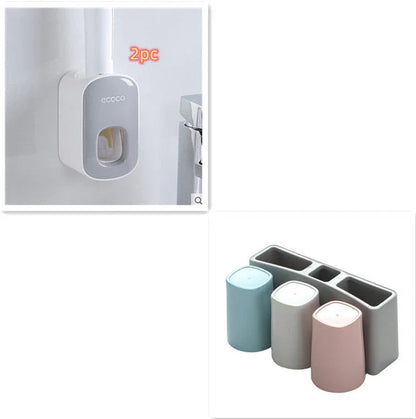 Wall-mounted automatic toothbrush holder with toothpaste dispenser and mouthwash cup for organized bathroom storage