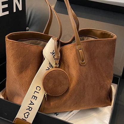 Women's large casual polyester shoulder tote bag in horizontal square shape with zippered inner pocket