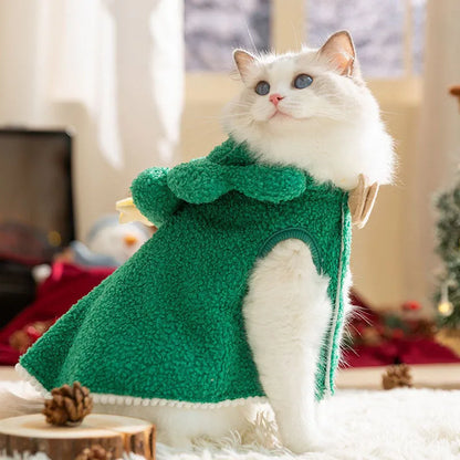 Brown cartoon elk design cat cloak with a drawable hood, shown on a cat.