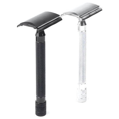 Traditional manual pogonotomy metal scraper and brush set in black or silver colour