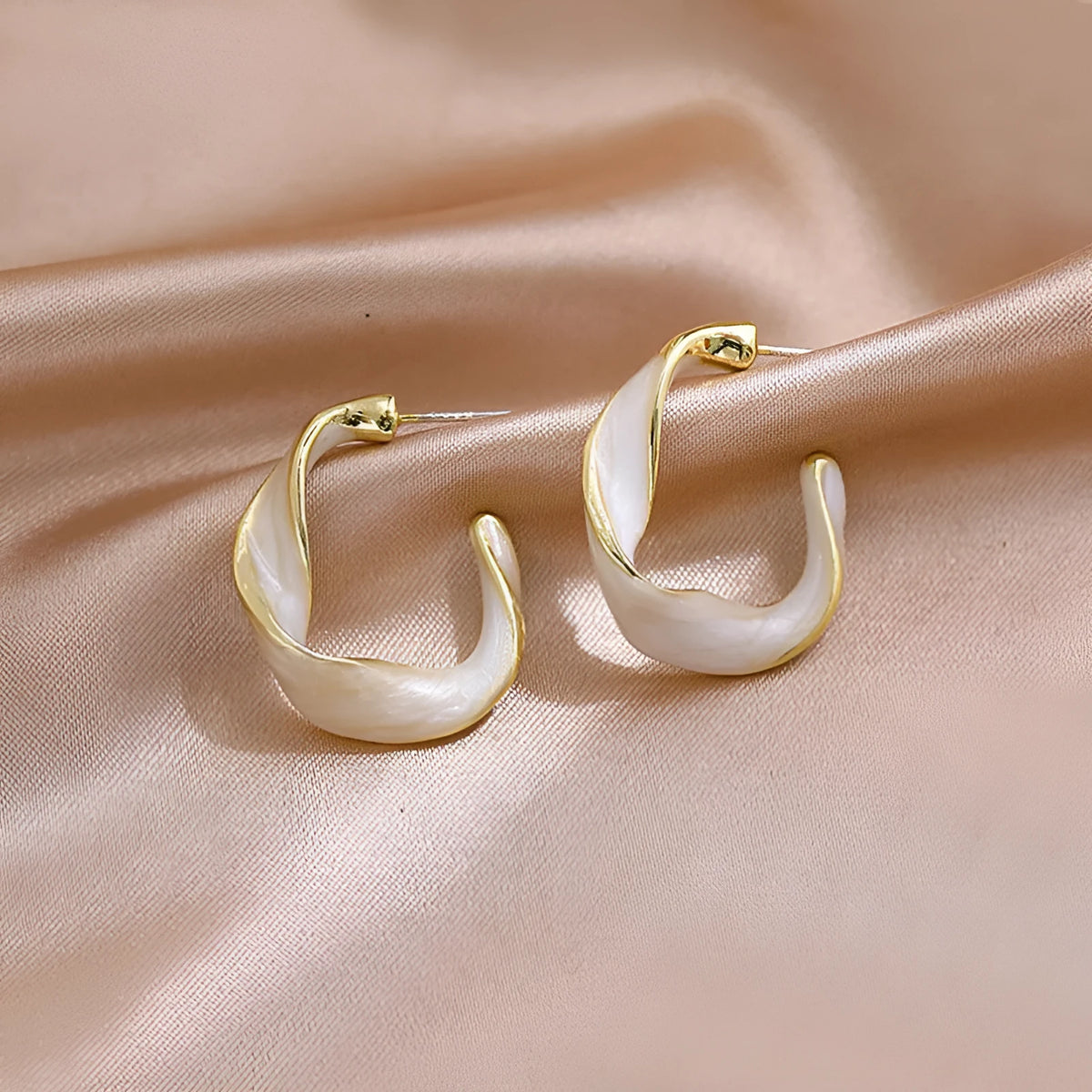 Cream white geometric C-shaped drop oil earrings with electroplated alloy finish in Fashion OL style