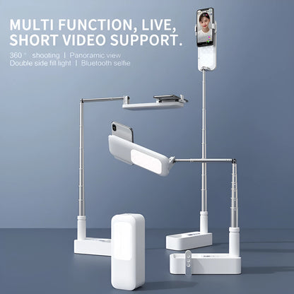 Pink floor-standing fill light with telescopic aluminium alloy stand and wireless remote for mobile phone live streaming.