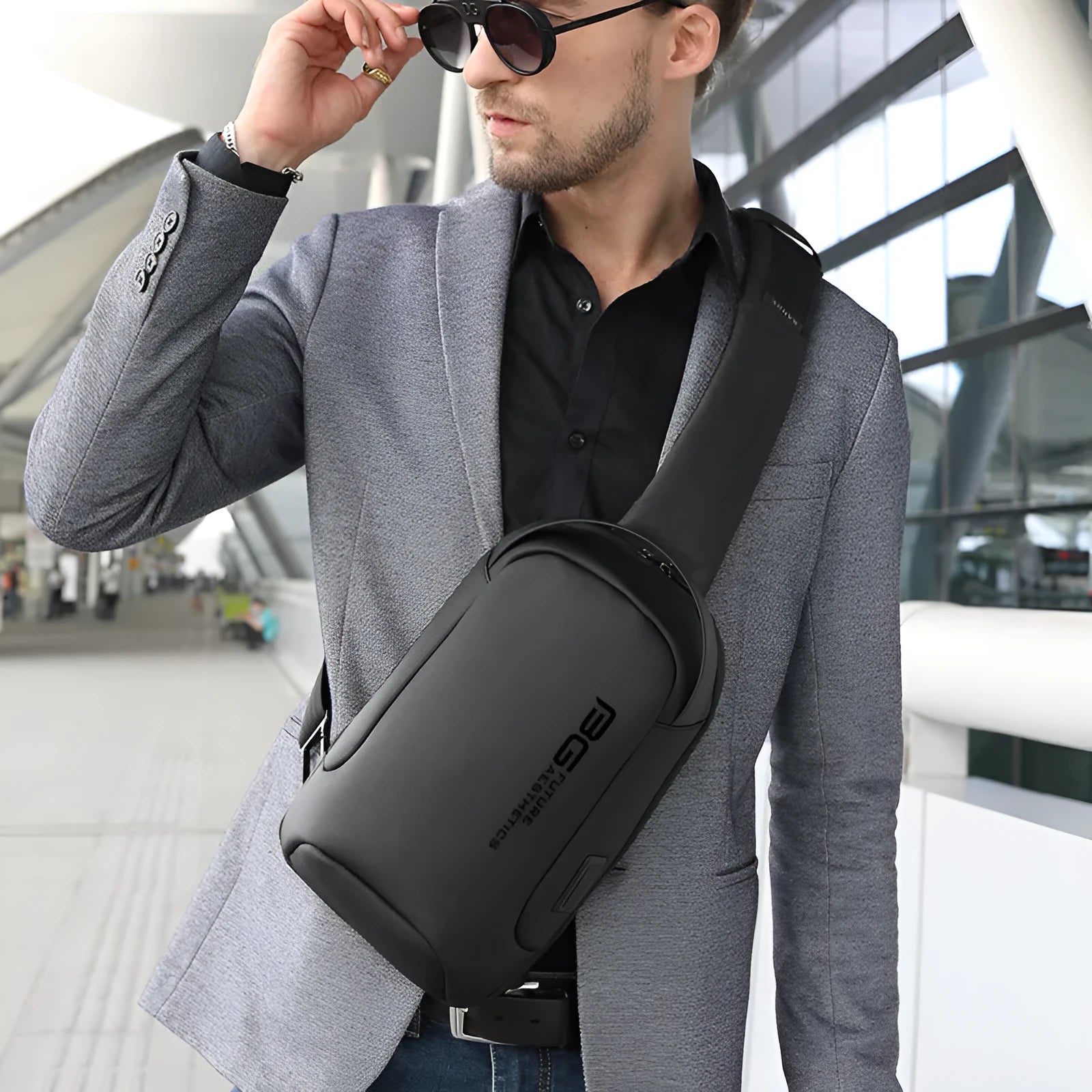 Men's Oxford cloth USB shoulder bag with letters print in business travel and commuting colours