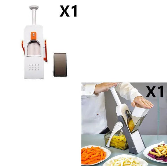 Orange multifunctional vegetable cutter kitchen tool with mandoline blades on a countertop.