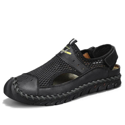 Men's brown leather mesh hollow shoes with elastic band and round toe design