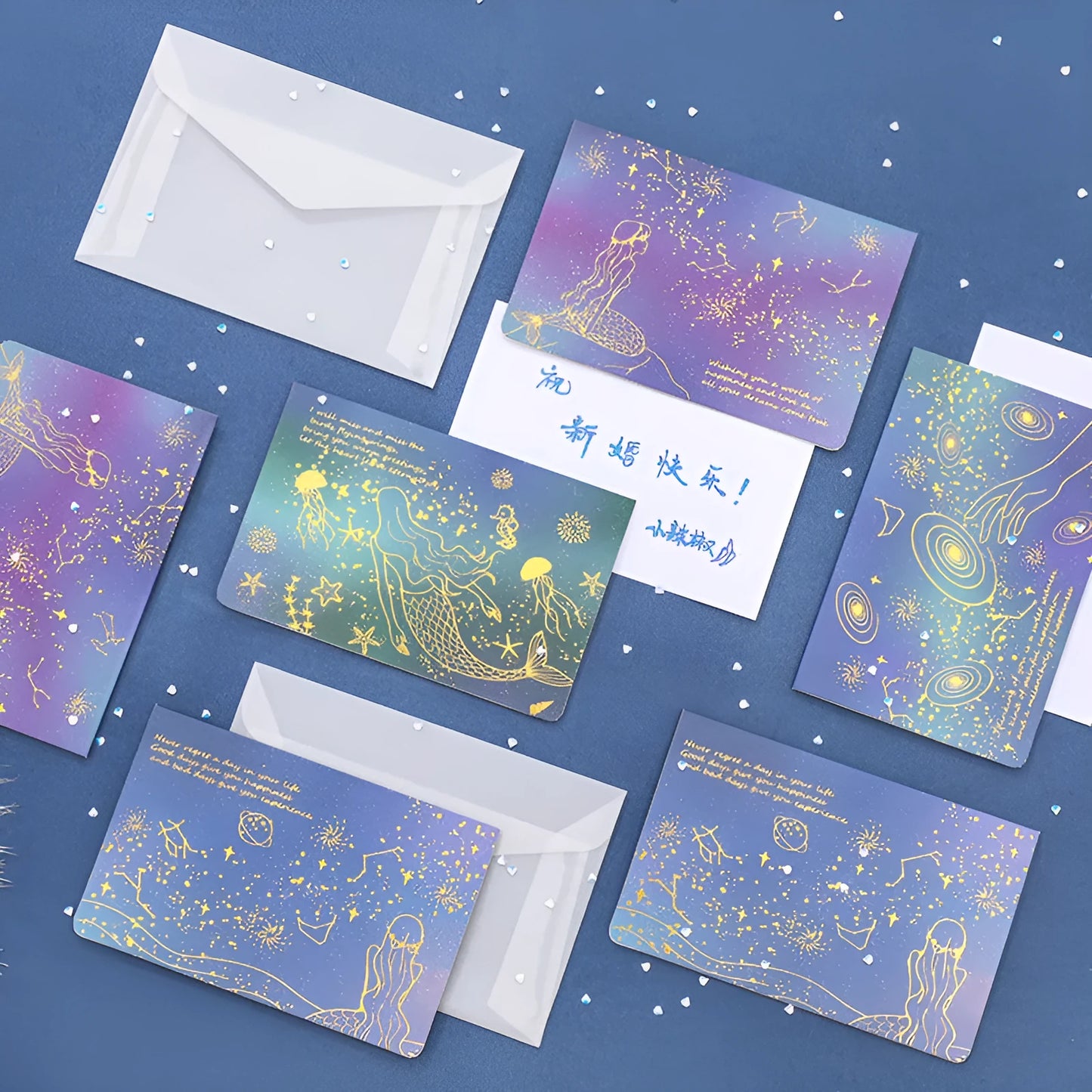 Set of three bronzed sulfuric acid paper greeting card envelopes in one of four colour designs.