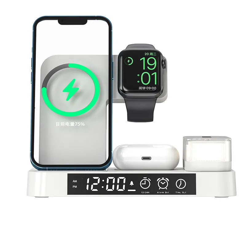 White 4-in-1 wireless charger station with foldable stand, alarm clock display, and Apple Watch charger