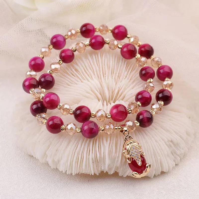 Handcrafted Tigereye stone bracelet with choice of single or double chain in green or rose red colours