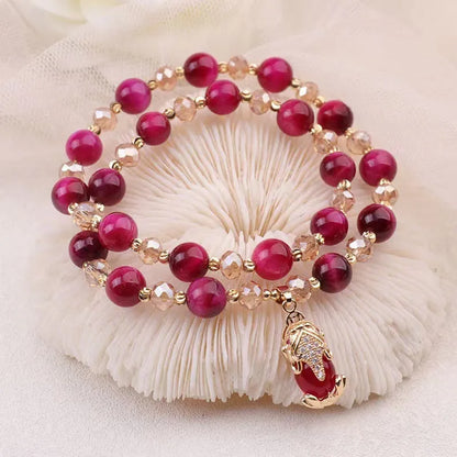 Handcrafted Tigereye stone bracelet with choice of single or double chain in green or rose red colours