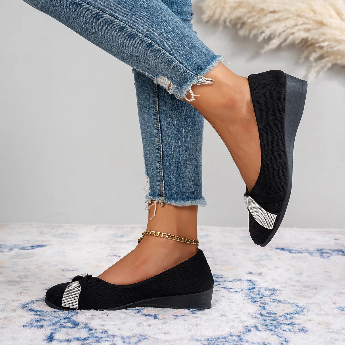 Black women's casual slip-on shoes with rhinestone details and chunky 6-8cm heels
