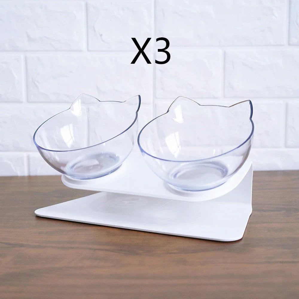 Tilted cat and dog bowls with raised stand, designed to reduce neck strain and protect cervical vertebrae.