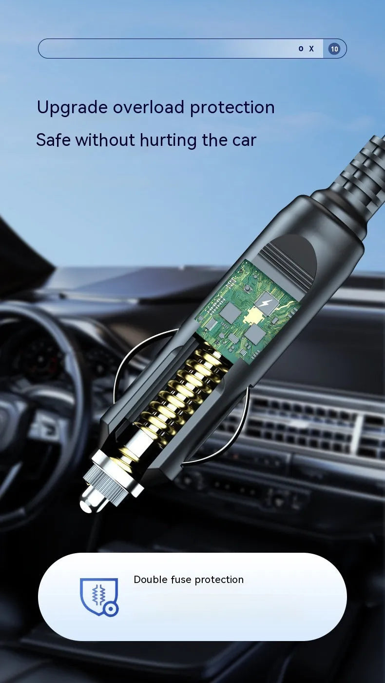 Wireless digital display car inflator and vacuum cleaner with emergency light, shown with accessories.