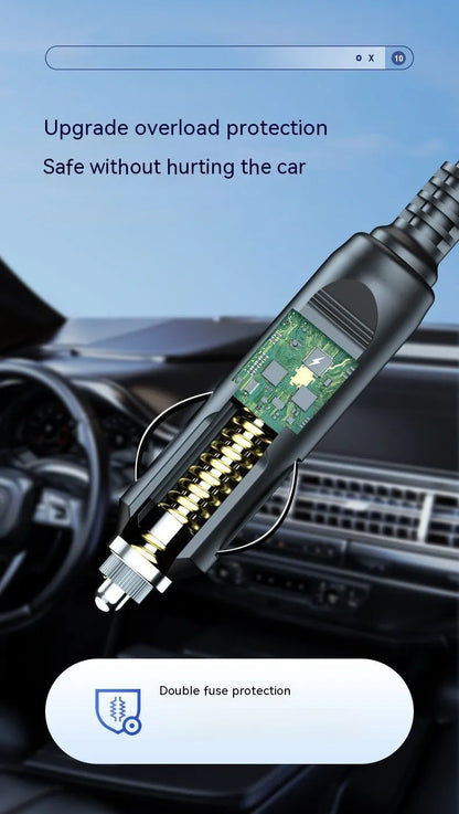 Wireless digital display car inflator and vacuum cleaner with emergency light, shown with accessories.