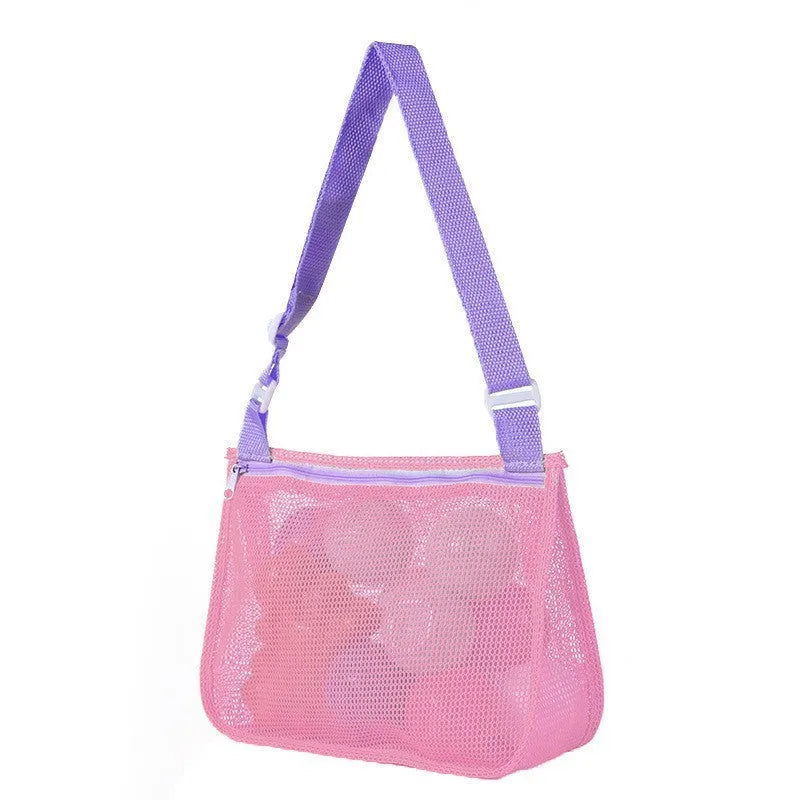 Blue children's drawstring travel storage bag made of nylon mesh for organising toys and clothes.