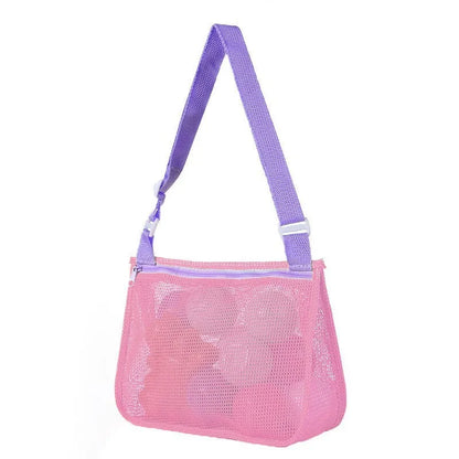 Blue children's drawstring travel storage bag made of nylon mesh for organising toys and clothes.