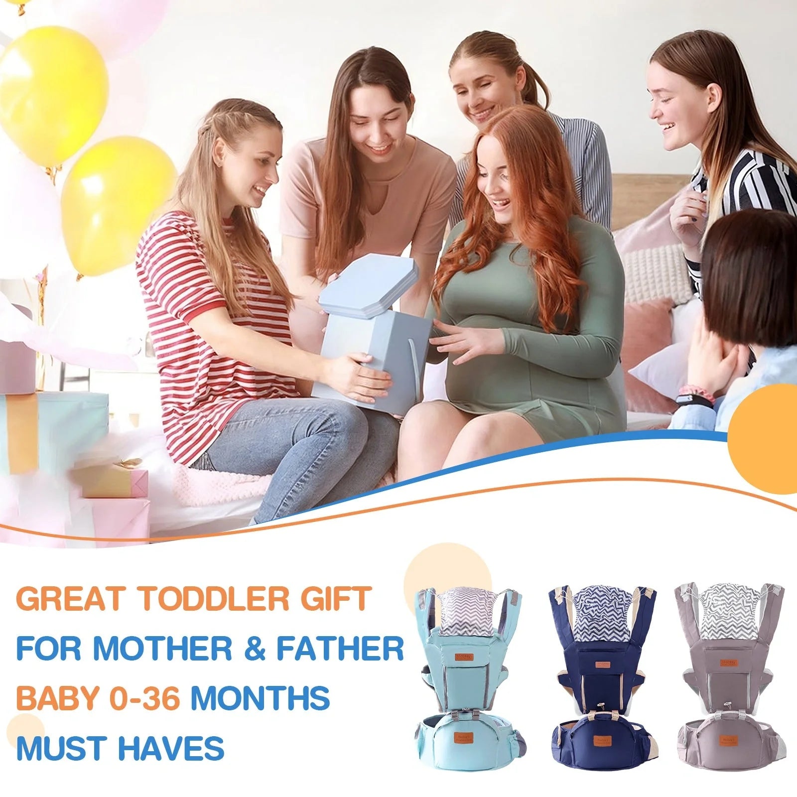 Dual-purpose baby carrier waist stool for newborns and toddlers in light blue, grey, and dark blue