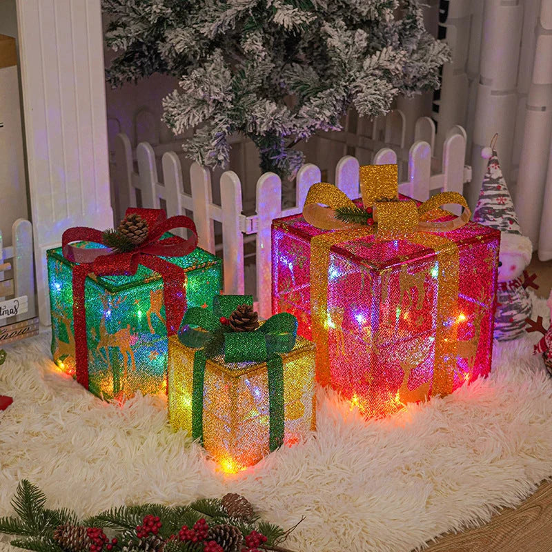 Lighted Christmas Gift Boxes with Colorful LED Lights and Bows for Festive Outdoor Decor