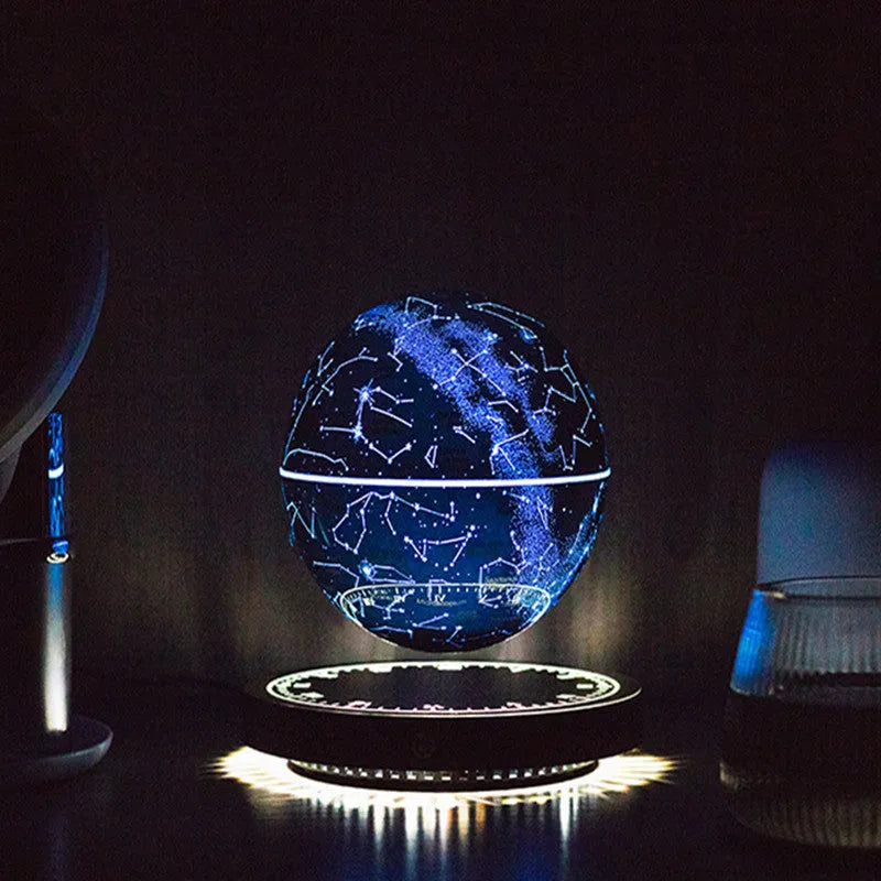 Black maglev moon lamp with floating star ball design, USB-powered modern minimalist bedside table light