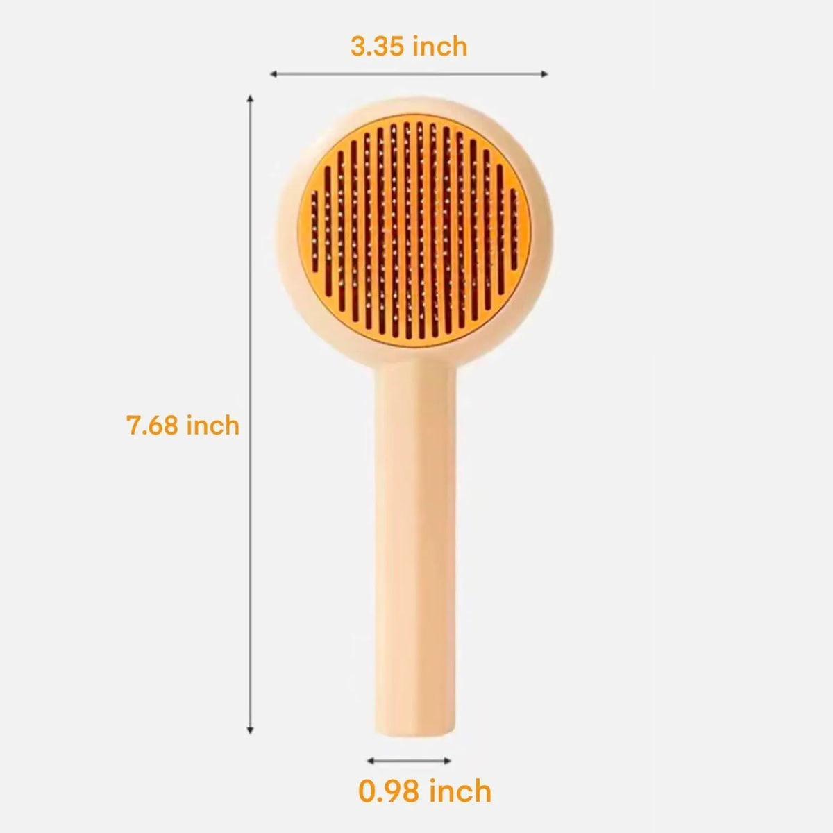 Blue and yellow pet grooming brush with self-cleaning button and angled metal pins for deshedding cats and dogs