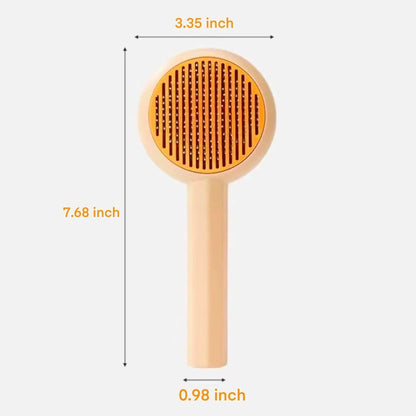Blue and yellow pet grooming brush with self-cleaning button and angled metal pins for deshedding cats and dogs