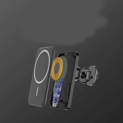 Black car magnetic wireless charging bracket mounted on air vent with phone attached