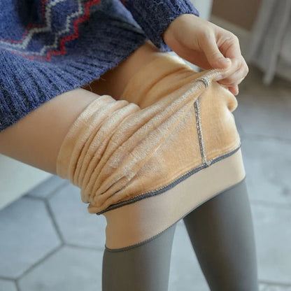 Cozy fleece-lined tights in various colors, featuring a unique translucent design and high-waisted fit for warmth and style.
