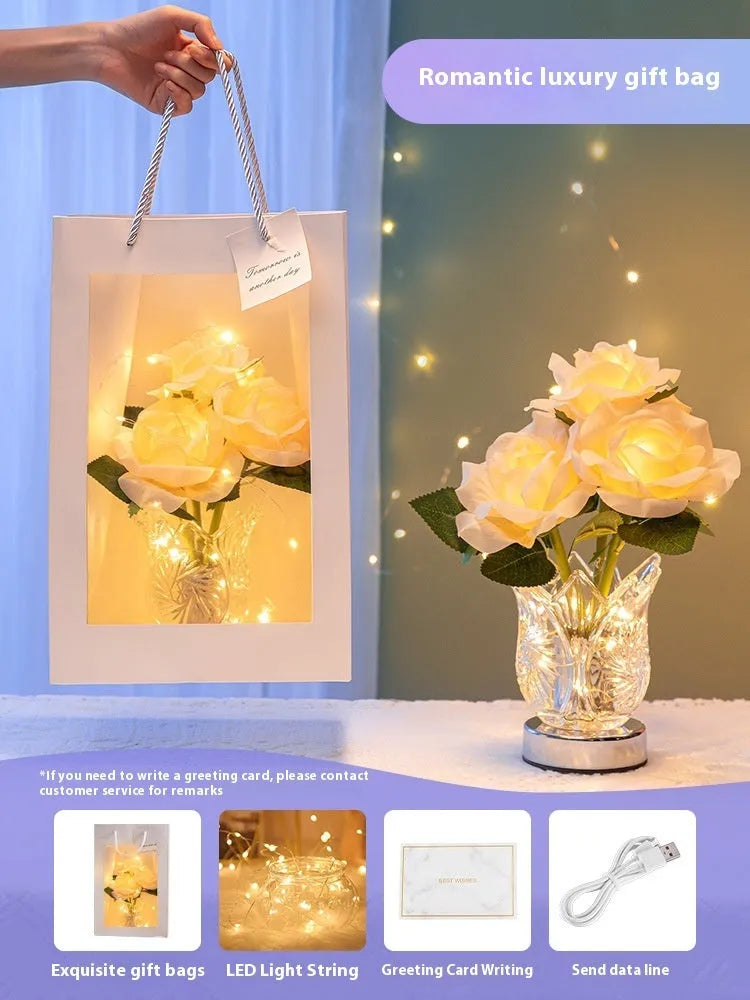 Modern crystal flowers design rechargeable touch dimming table lamp on a wooden surface.