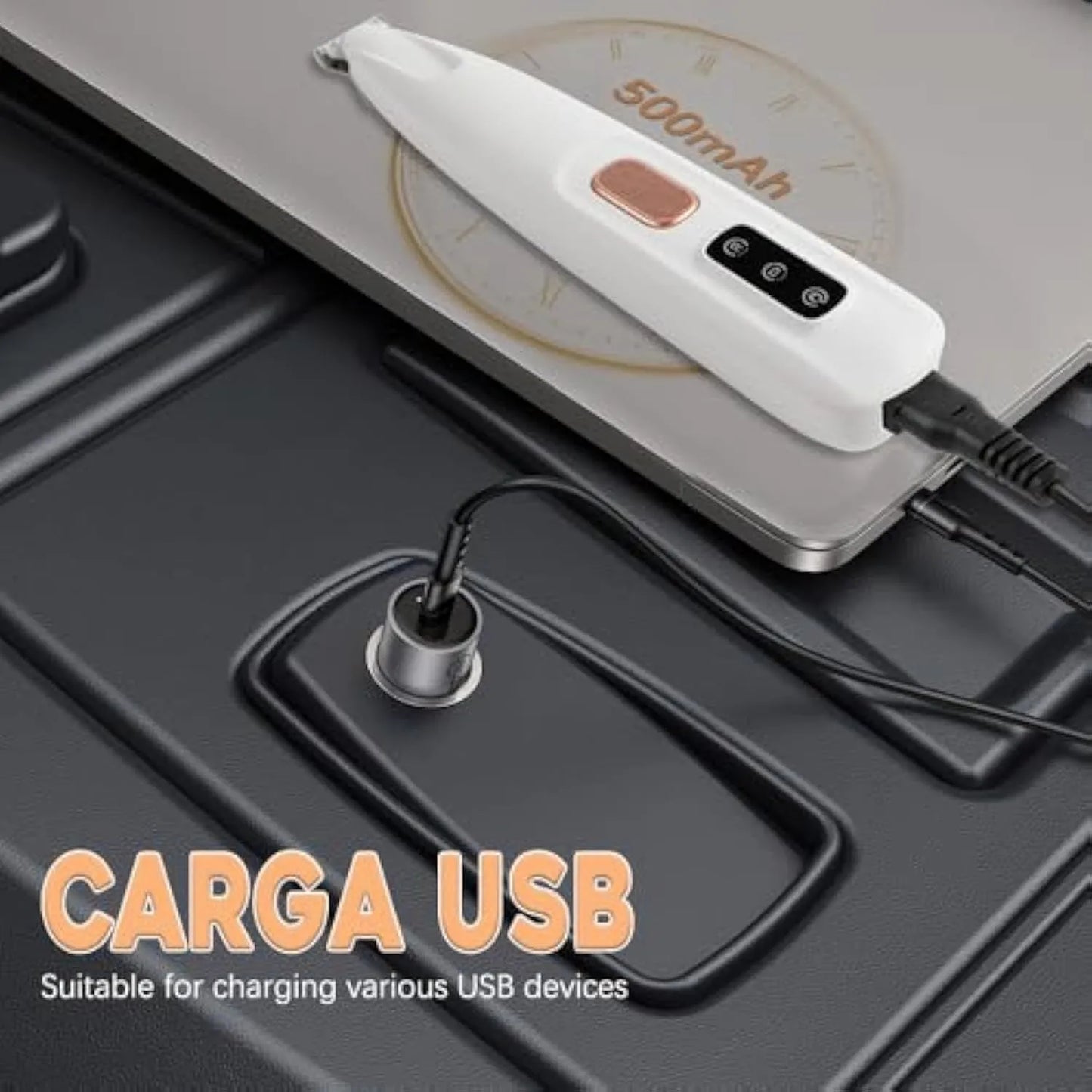 White rechargeable electric dog paw trimmer with LED light on a grey surface.