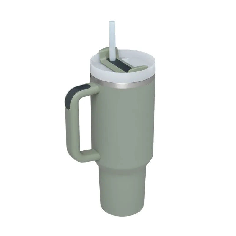 40oz stainless steel tumbler with handle and straw in various colour options showing tapered shape and spill-proof lid