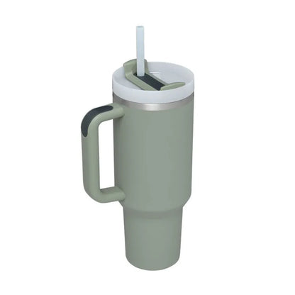 40oz stainless steel tumbler with handle and straw in various colour options showing tapered shape and spill-proof lid