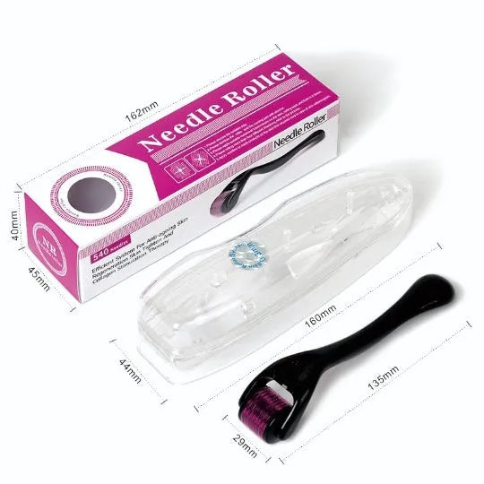 Derma roller with titanium microneedles showing six needle length options from 0.2mm to 1.0mm