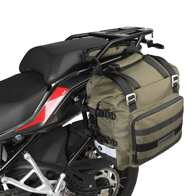 20 litre quick-release motorcycle side bag in army green or black polyester.