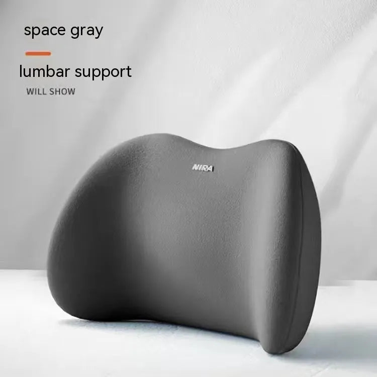 Car headrest pillow and lumbar support pillow set in a choice of five colours on a car seat.