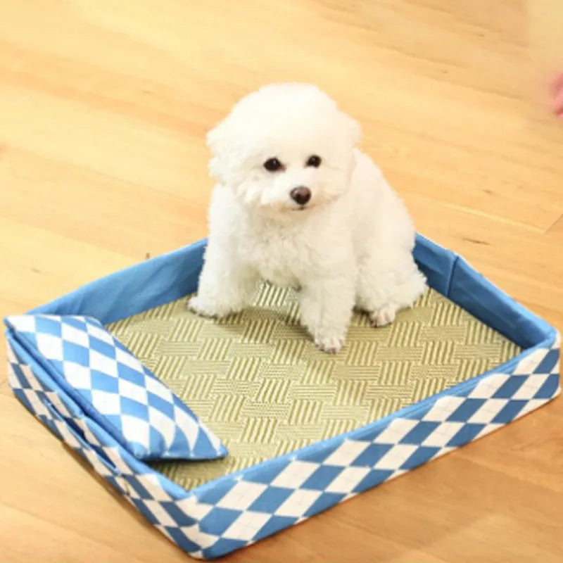 A natural rattan cat litter mat and pet bed in blue, shown in a size suitable for a cat.