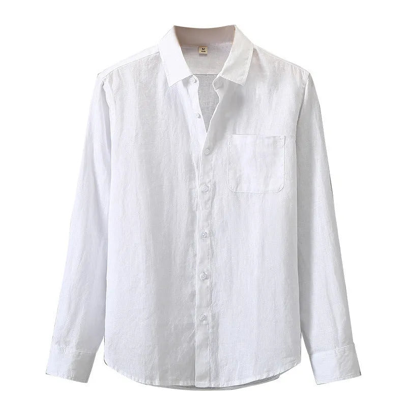Man wearing a loose-fit light grey long sleeve linen cardigan shirt with a Chinese style design.