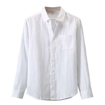 Man wearing a loose-fit light grey long sleeve linen cardigan shirt with a Chinese style design.
