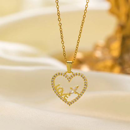 Titanium steel necklace for women with copper pendant, O-ring chain, gold or steel colour, heart or crescent moon design