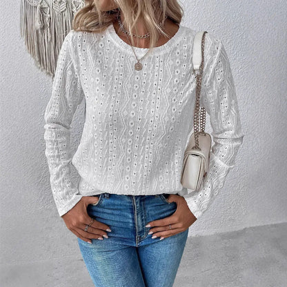 White loose fit long sleeve round neck polyester t-shirt laid flat