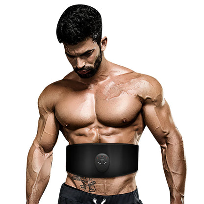 Black abdominal slimming belt with adjustable waist strap showing vibration unit and 10-speed controls