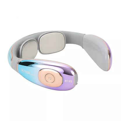 Rechargeable neck massager in white, bright blue, and sapphire blue with handheld remote