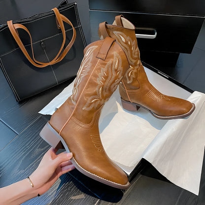 Brown women's mid-calf embroidered Martin boots with leather lining and square heels