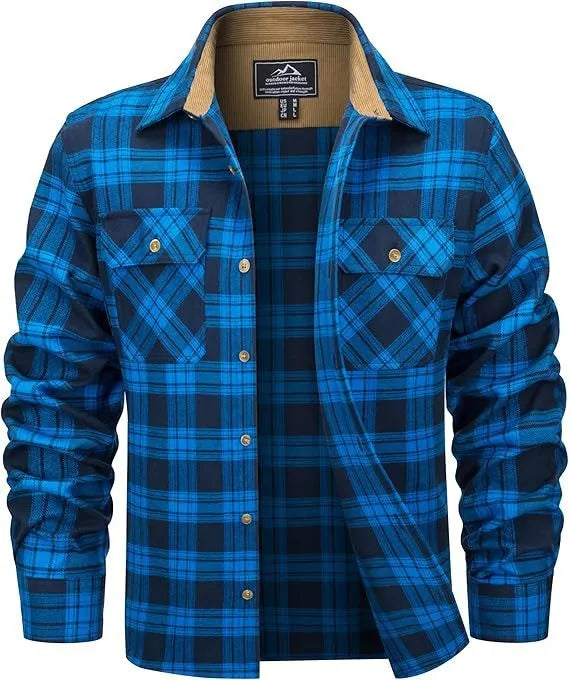 Men's polyester flannel button shirt in plaid pattern showing colour options and button-front design