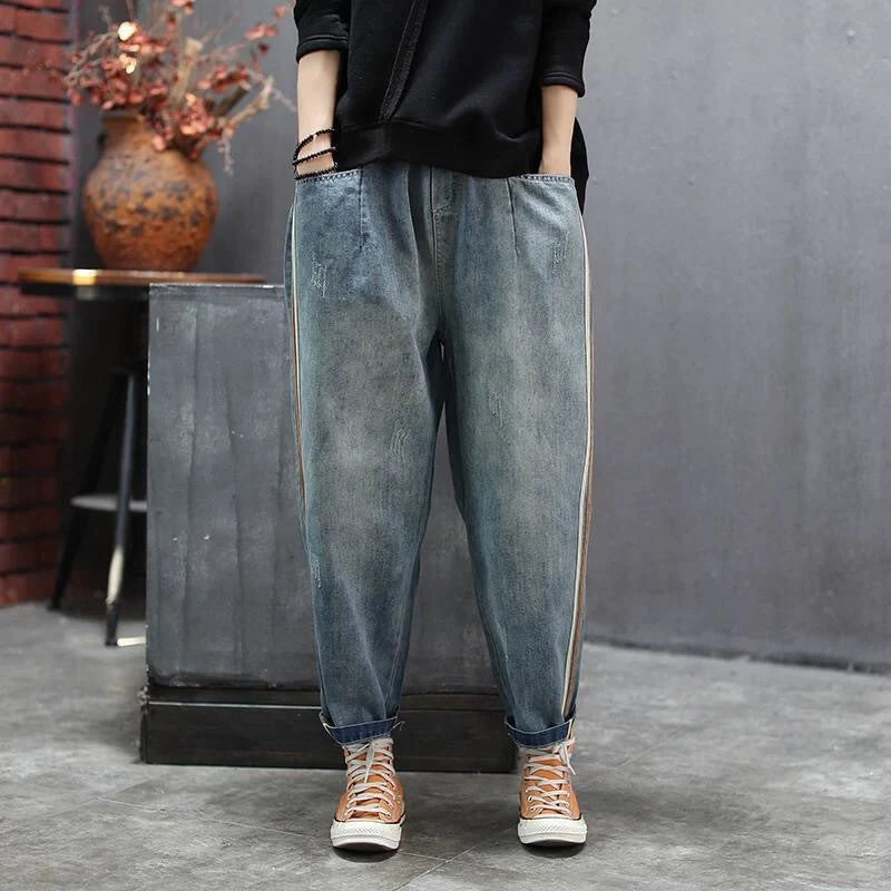 Navy blue cotton patchwork jeans with side stripes, Japan and Korea leisure style