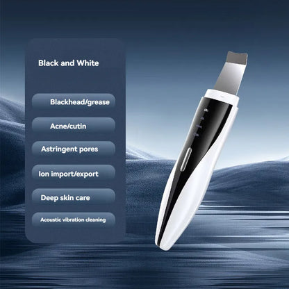 Ultrasonic electric beauty instrument in black and white with stainless steel scraper, USB charging, and four light modes.