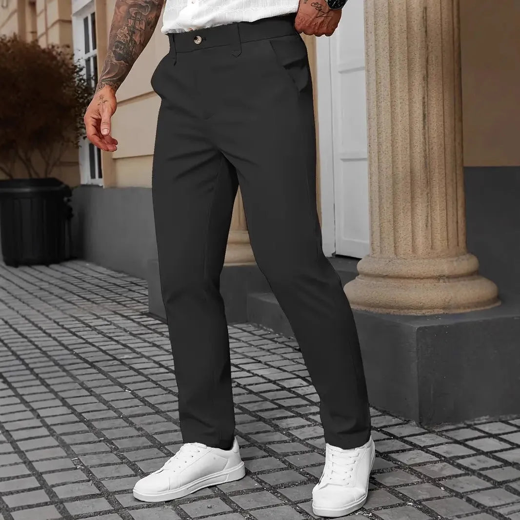 Men's straight leg light business trousers in polyester, shown in black, apricot, white, and grey colours.